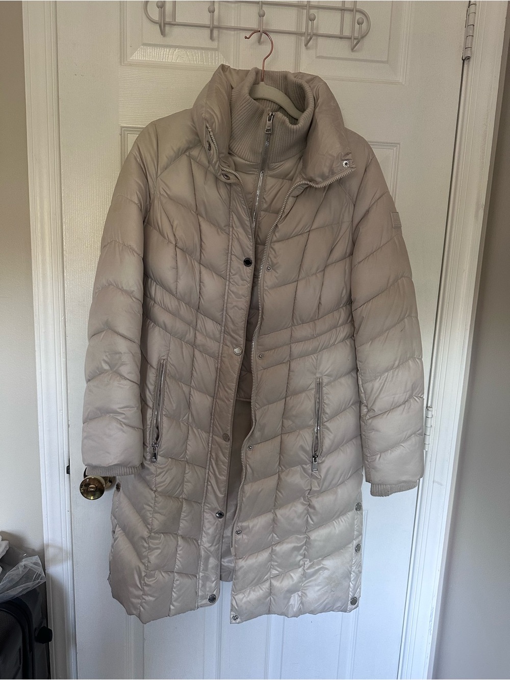 Kenneth Cole Light Beige Quilted Long Puffer Coat